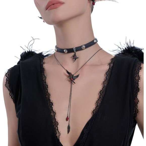 Black Brass Gothic Crow Pendant Necklace Long Chain Women Fashion Accessory - Picture 2 of 6